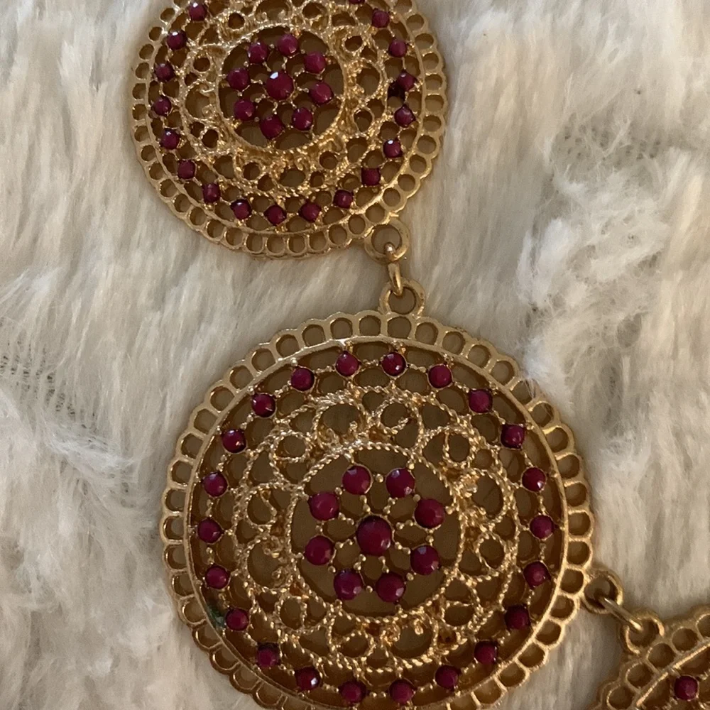 Gold Medallion Statement Necklace with tiny red rhinestones - Picture 2 of 6